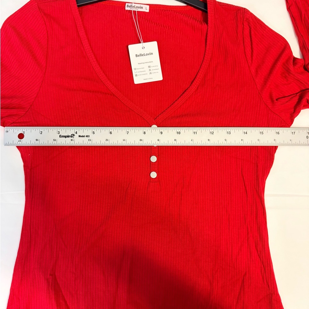 Red Ribbed V-Neck Long-Sleeve Bodysuit - Picture 6 of 8